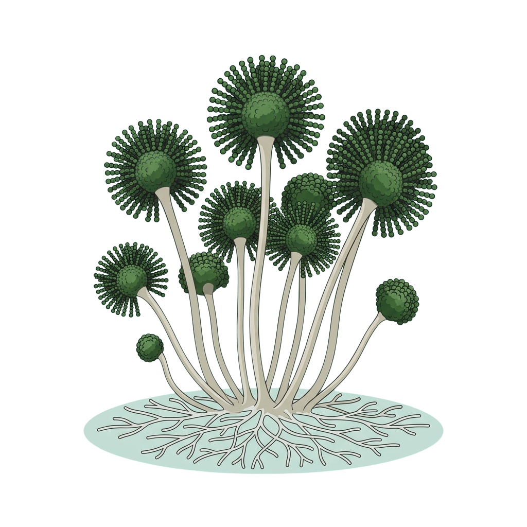 A cluster of green dandelion flowers with long stems and visible roots in light blue soil