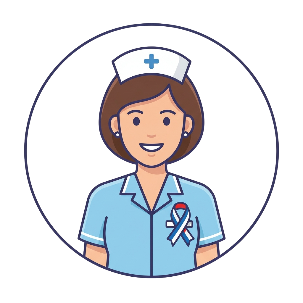 Smiling nurse wearing a white cap with a cross and light blue uniform, displaying an awareness ribbon on the lapel