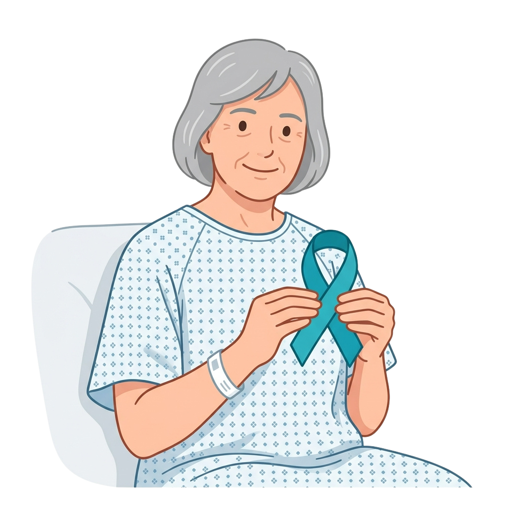 Smiling elderly person in hospital gown holding a teal ovarian cancer awareness ribbon