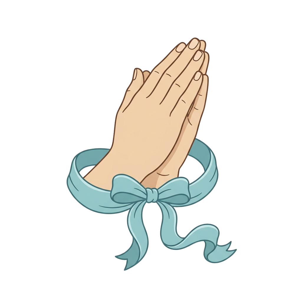 Illustration of hands in prayer position wrapped with a blue ribbon and bow