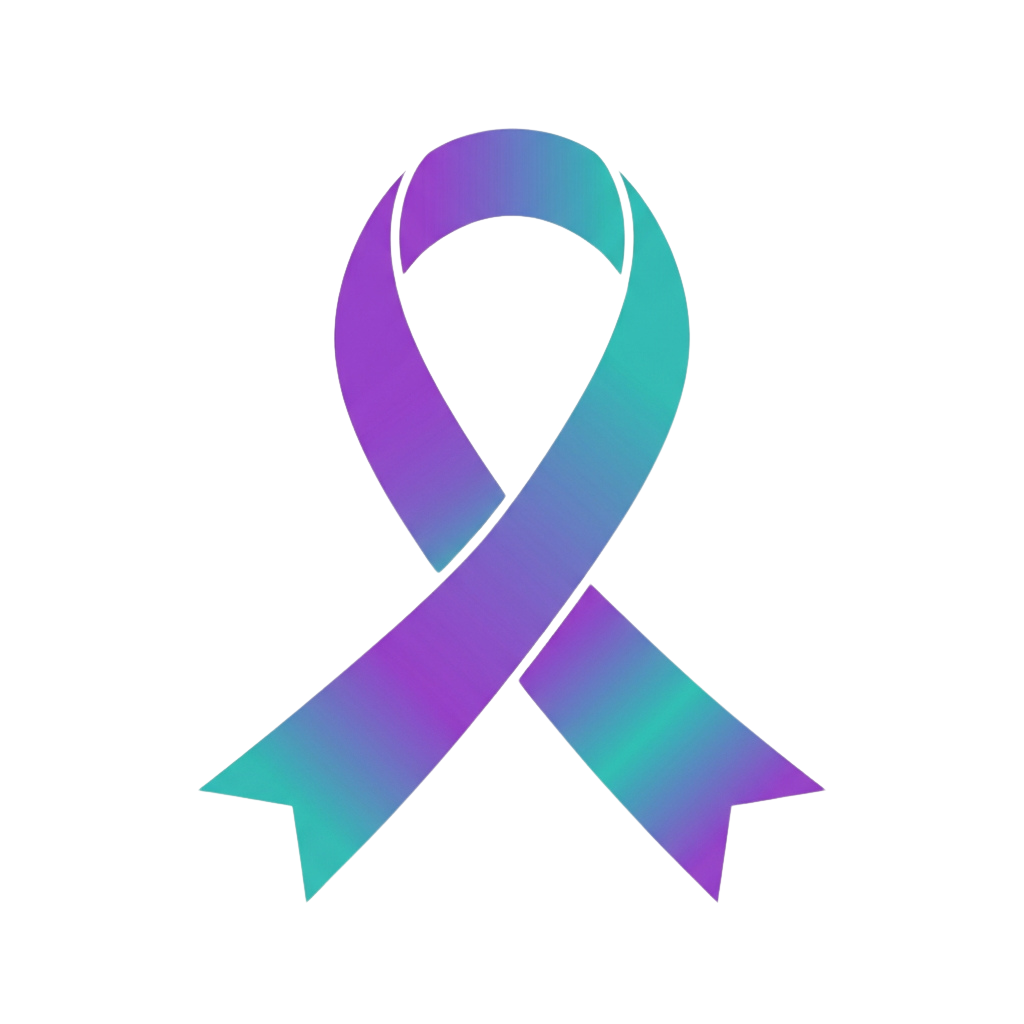 A ribbon symbol in purple and teal colors on a black background