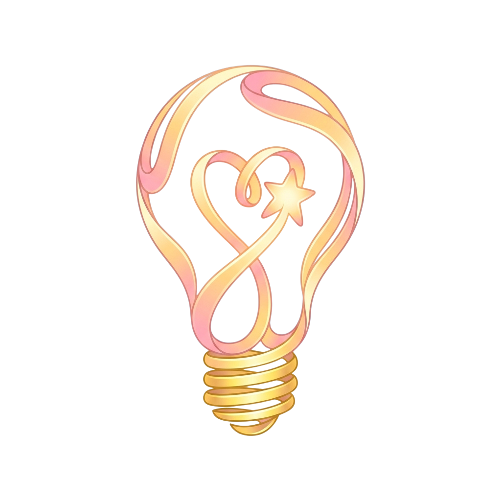 A stylized lightbulb featuring an infinity symbol inside glowing with soft pink and yellow hues
