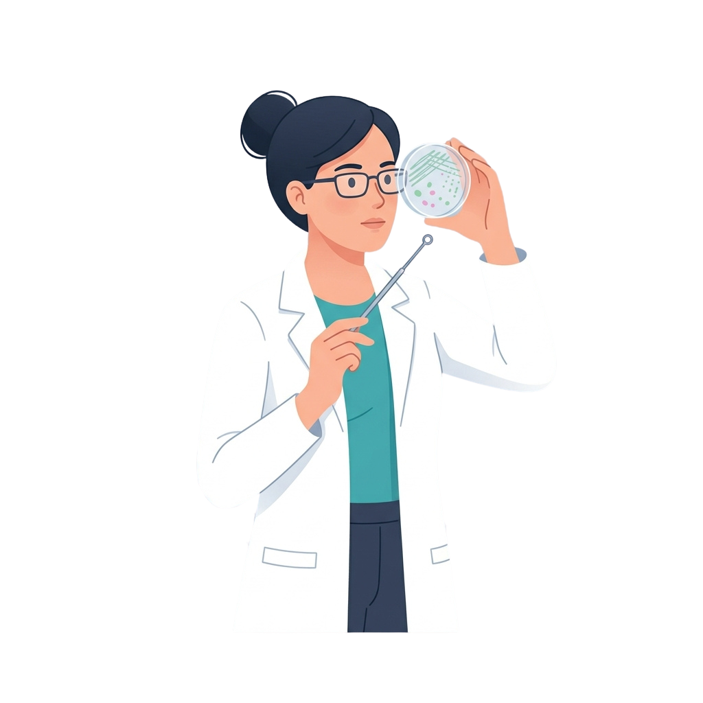 A scientist in a lab coat holding a petri dish with bacterial colonies under examination