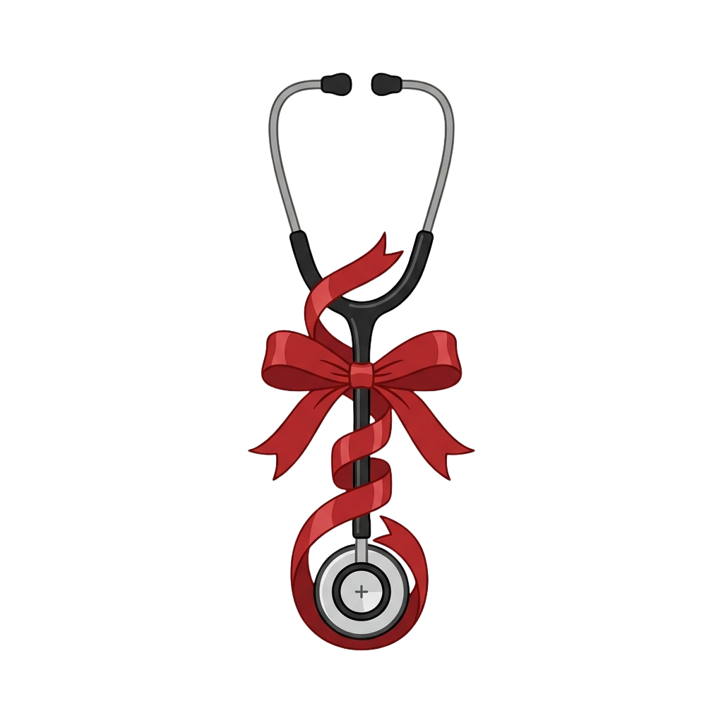 A stethoscope wrapped with a red ribbon bow and a red ribbon around the earpieces