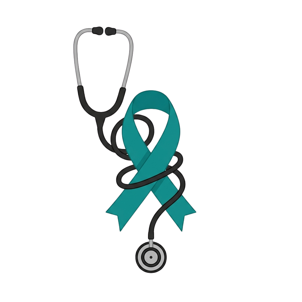 A black stethoscope with a teal awareness ribbon wrapped around its tubing