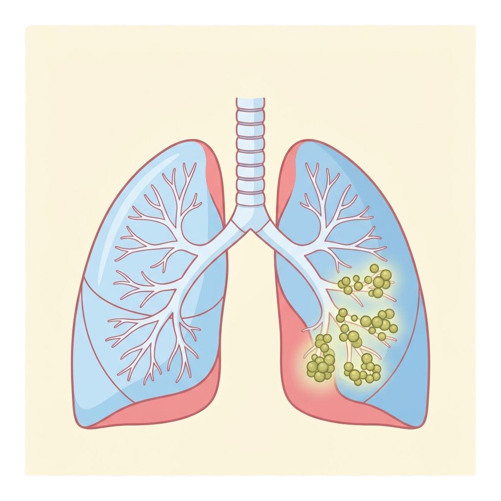 Illustration of human lungs highlighting bronchial tree and clusters of alveoli in the right lung