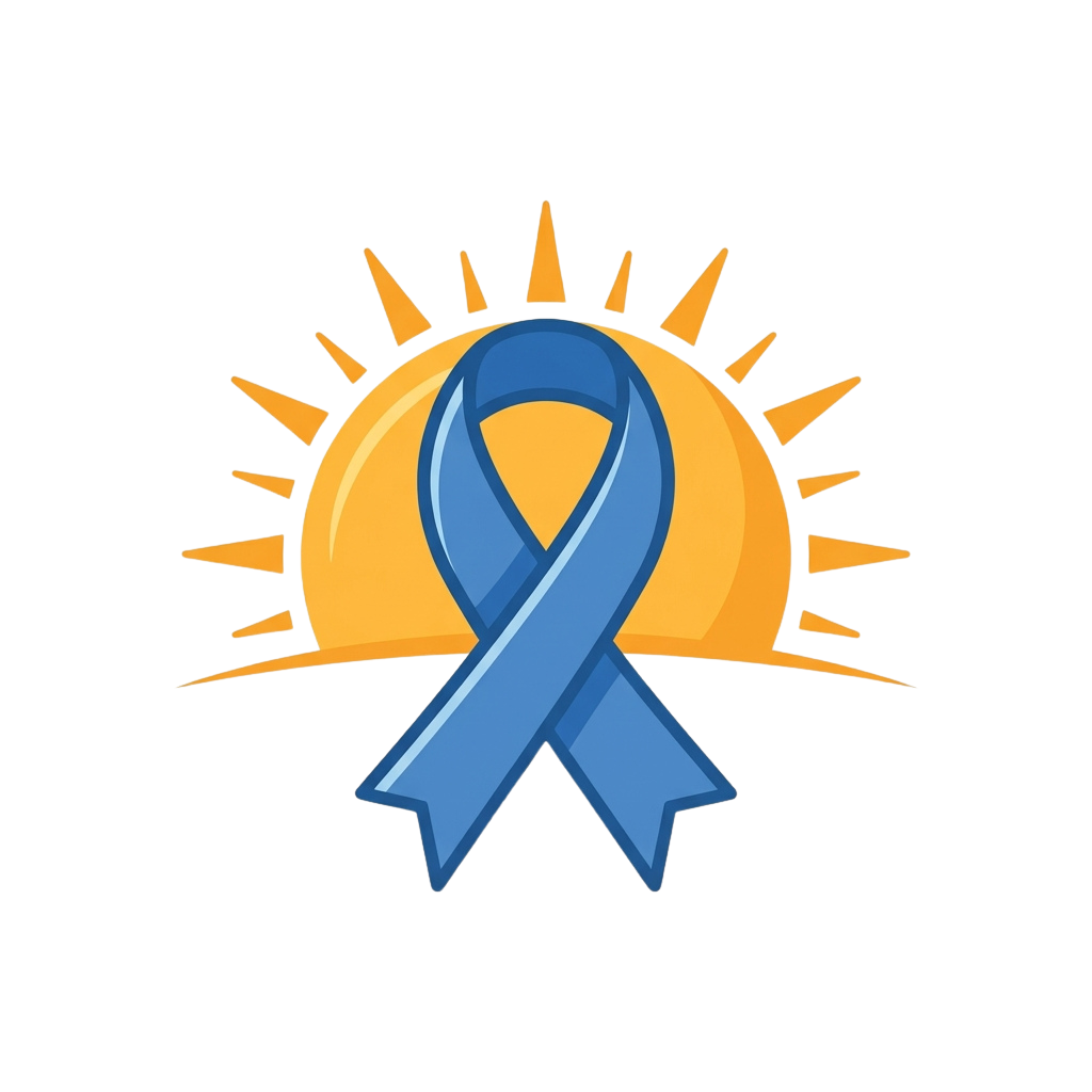 A blue ribbon wrapped around a yellow sun with radiating rays on a black background