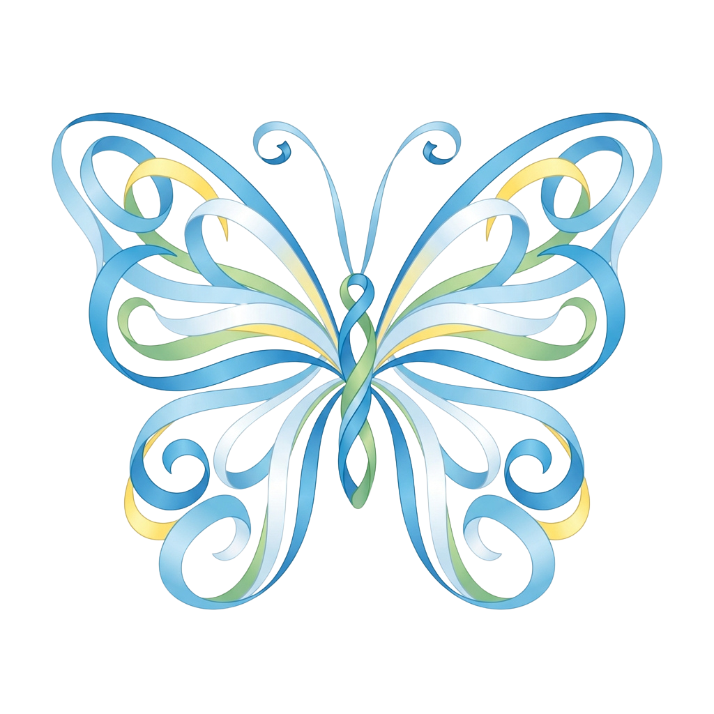 A stylized blue butterfly with intricate swirling patterns on black background