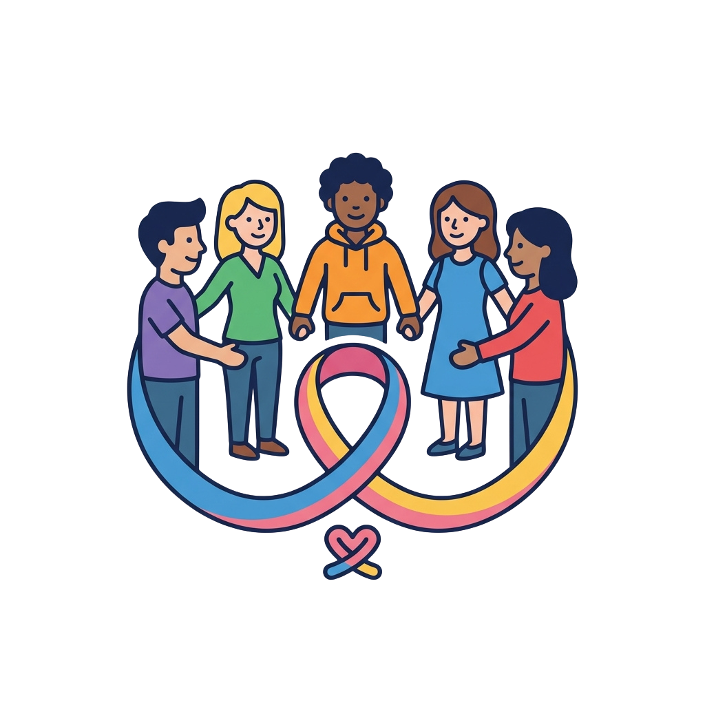 Five diverse people holding hands in a circle around a colorful ribbon symbol.