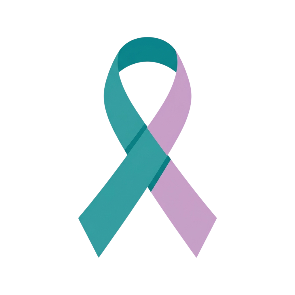 Ribbon awareness symbol with teal and light pink colors on a black background