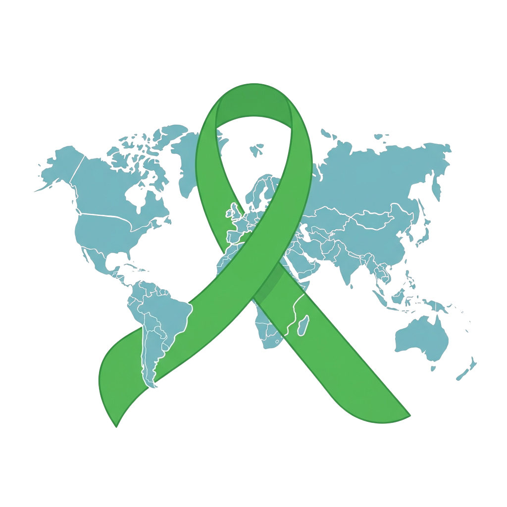 Bright green awareness ribbon overlaid on a world map with continents in light blue