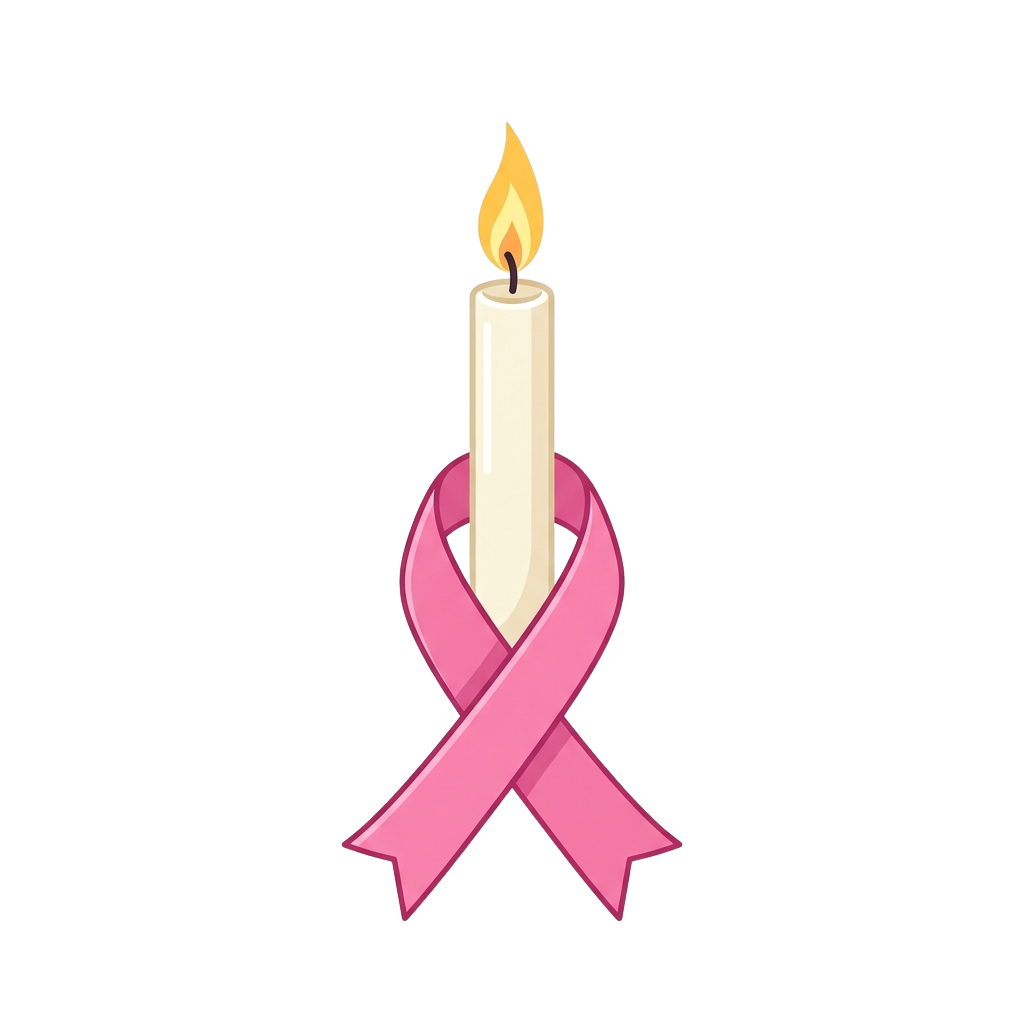 A lit candle placed inside a pink ribbon symbolizing breast cancer awareness