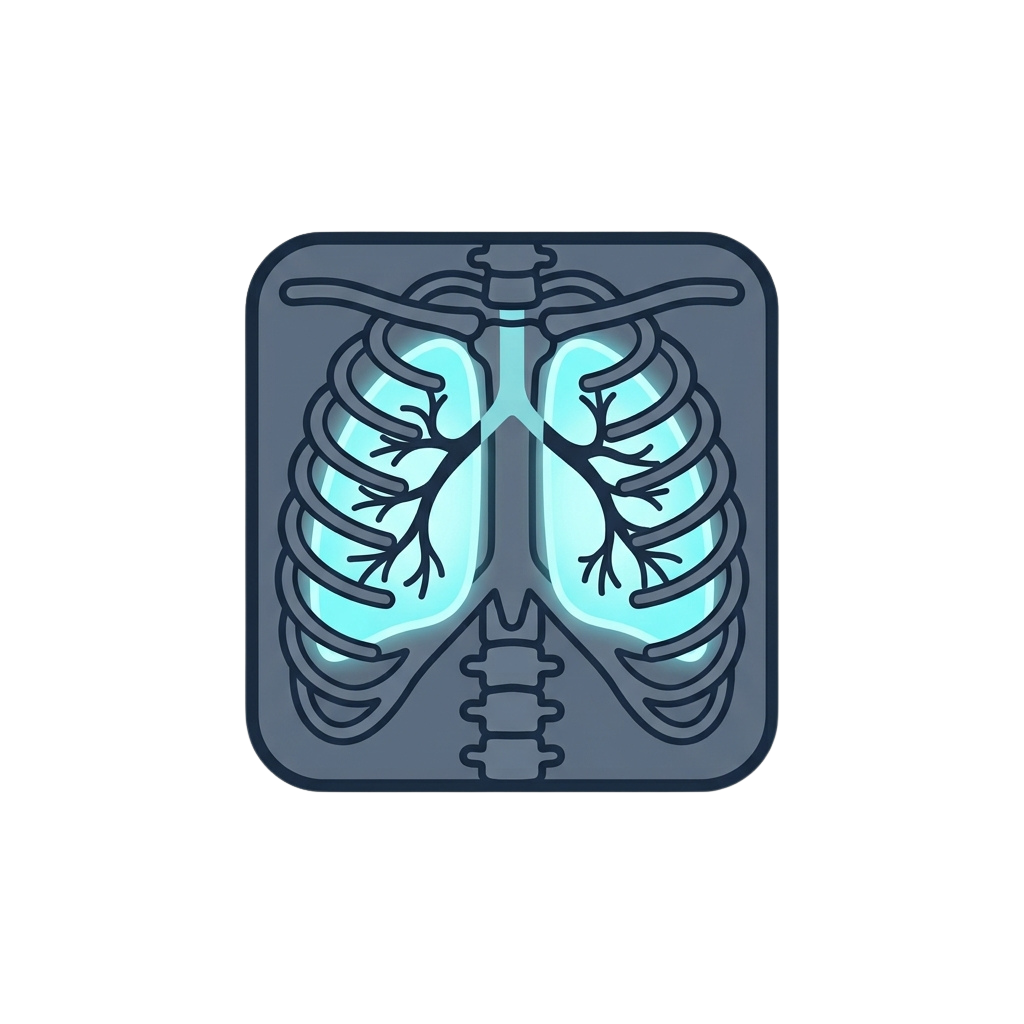 Illustration of human lungs with bronchial tree structure shown in an X-ray style design