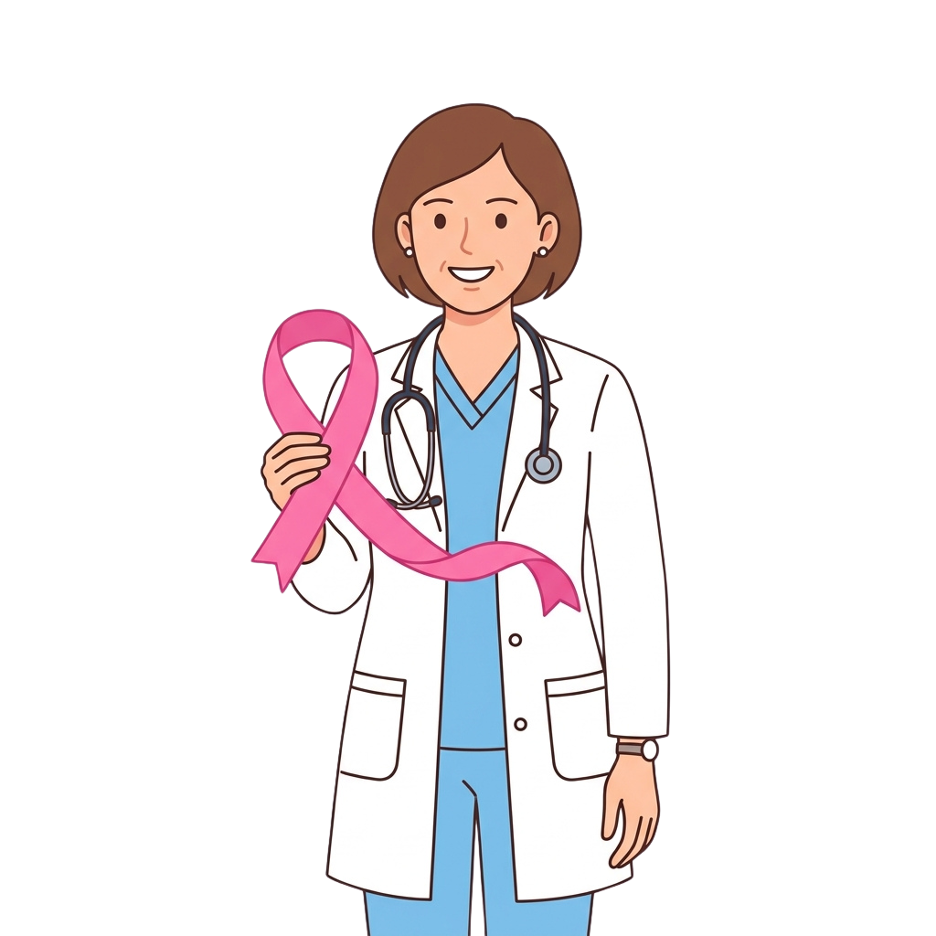 Illustration of a smiling doctor in a white coat holding a pink breast cancer awareness ribbon