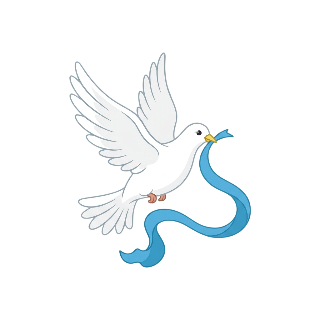 A white dove in flight with a blue ribbon tied around its neck against a black background
