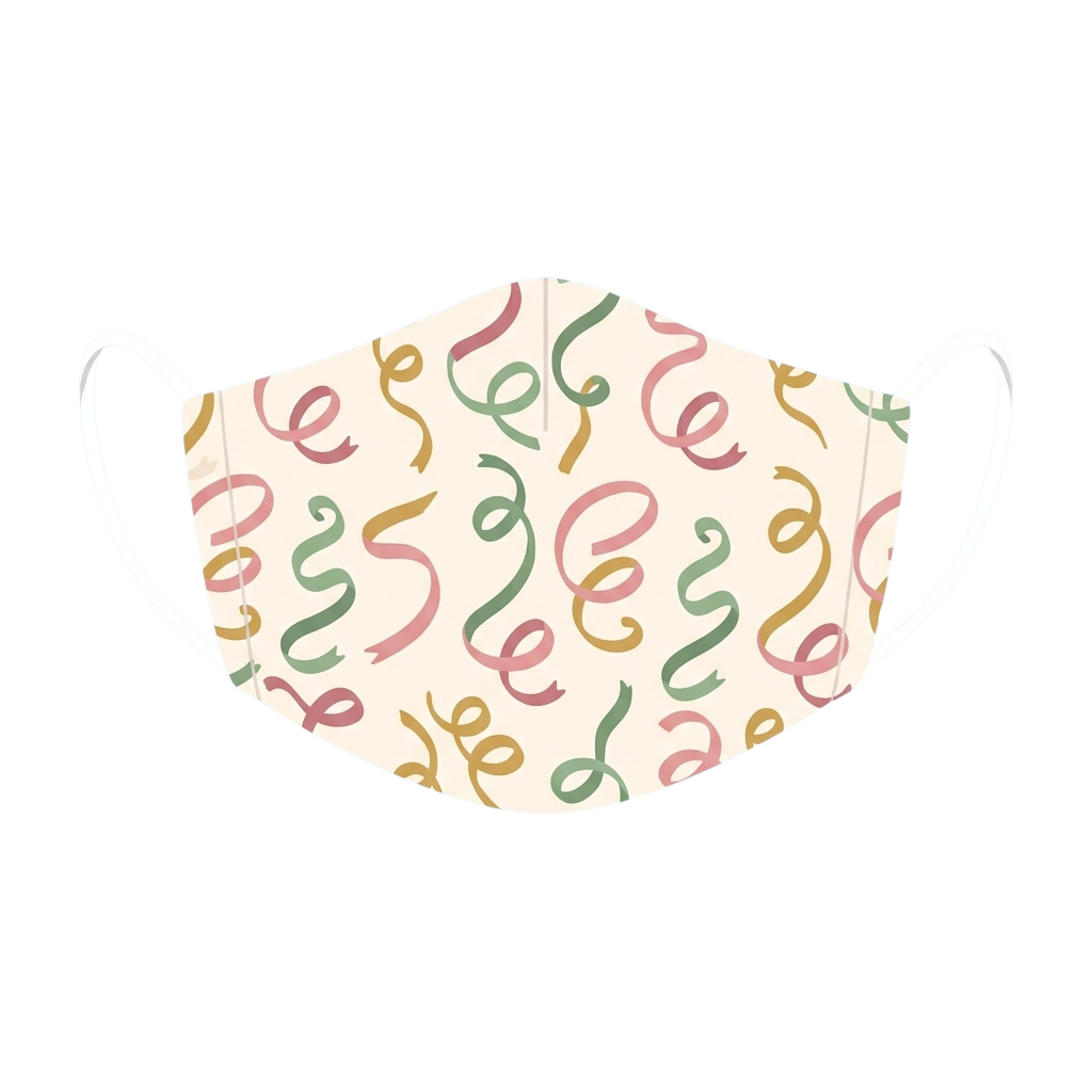 White face mask with pastel pink, green, and yellow swirl patterns