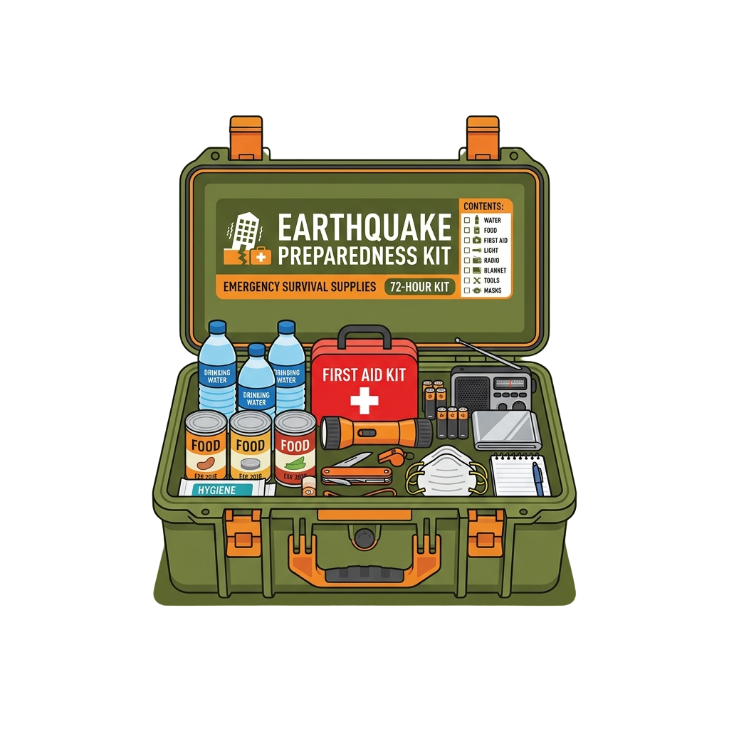Open green earthquake preparedness kit showing water bottles, food cans, first aid kit, flashlight, hygiene items, blanket, and masks