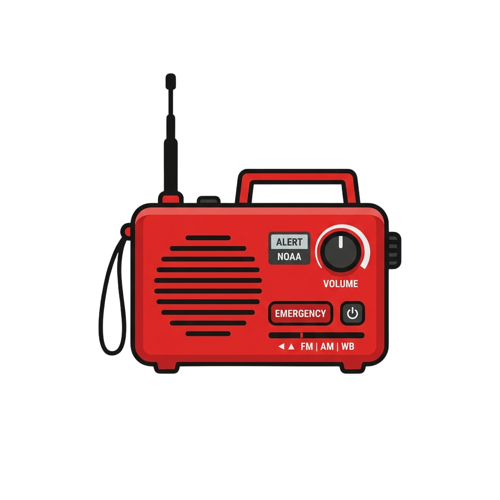 A red portable emergency radio with volume knob, alert button, and FM AM WB tuning options