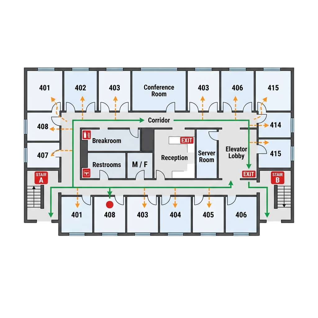 Floor plan of an office showing room numbers, corridors, restrooms, exits, staircases, and emergency routes