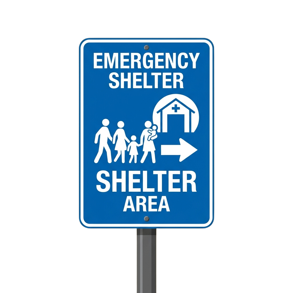 Blue sign directing to emergency shelter area with family icon and medical building symbol