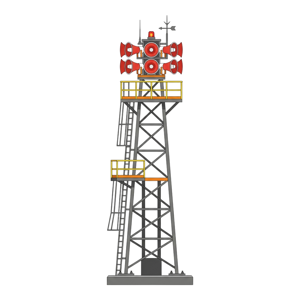 A tall metal tower with floodlights at the top and two observation platforms, one near the top and one midway down.