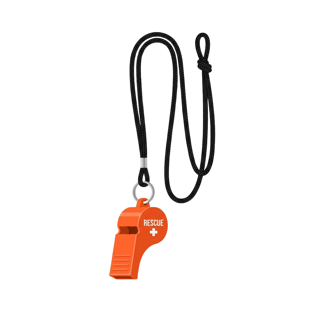 An orange rescue whistle attached to a black lanyard with a metal loop.