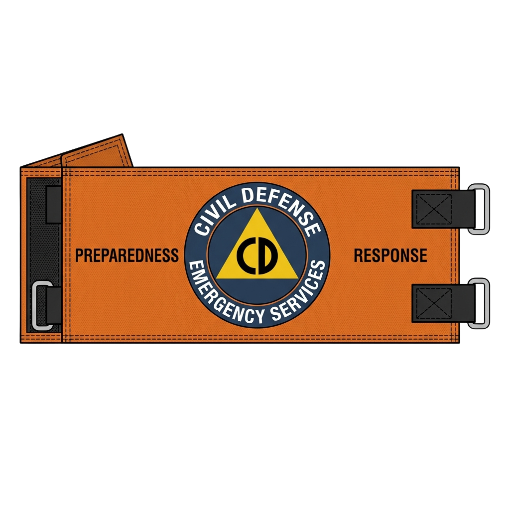 Orange Civil Defense Emergency Services belt bag with preparedness and response text and emblem
