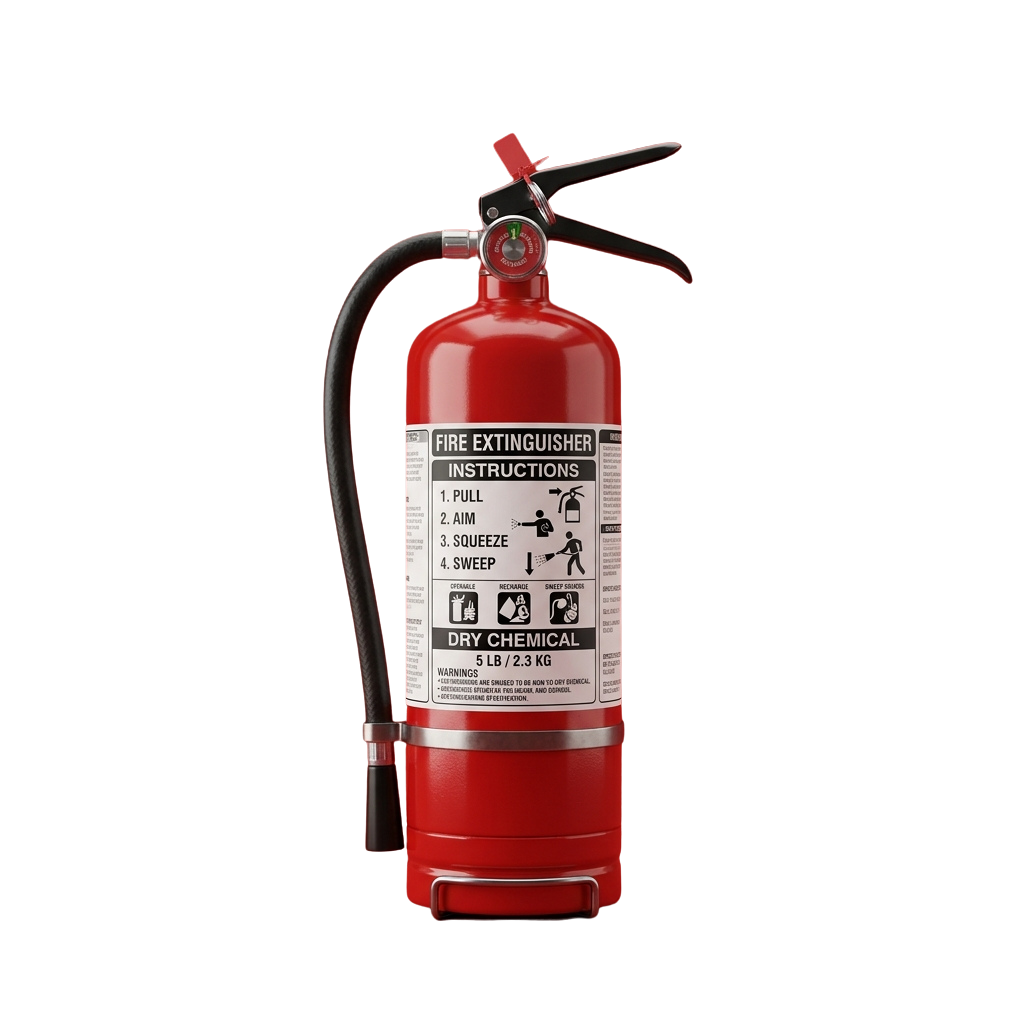 A red fire extinguisher with instructions labeled pull, aim, squeeze, sweep and dry chemical marking