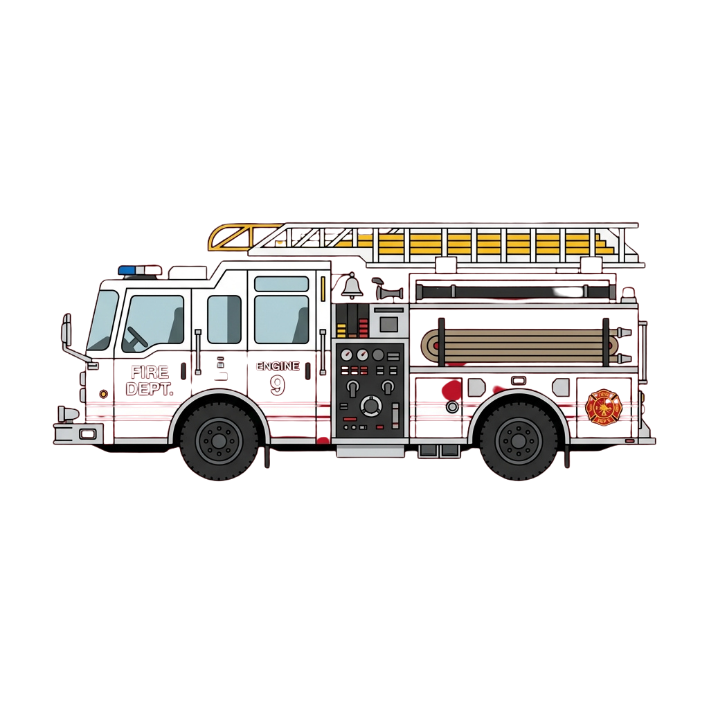 Illustration of a fire engine truck with ladder, labeled Fire Dept Engine 9
