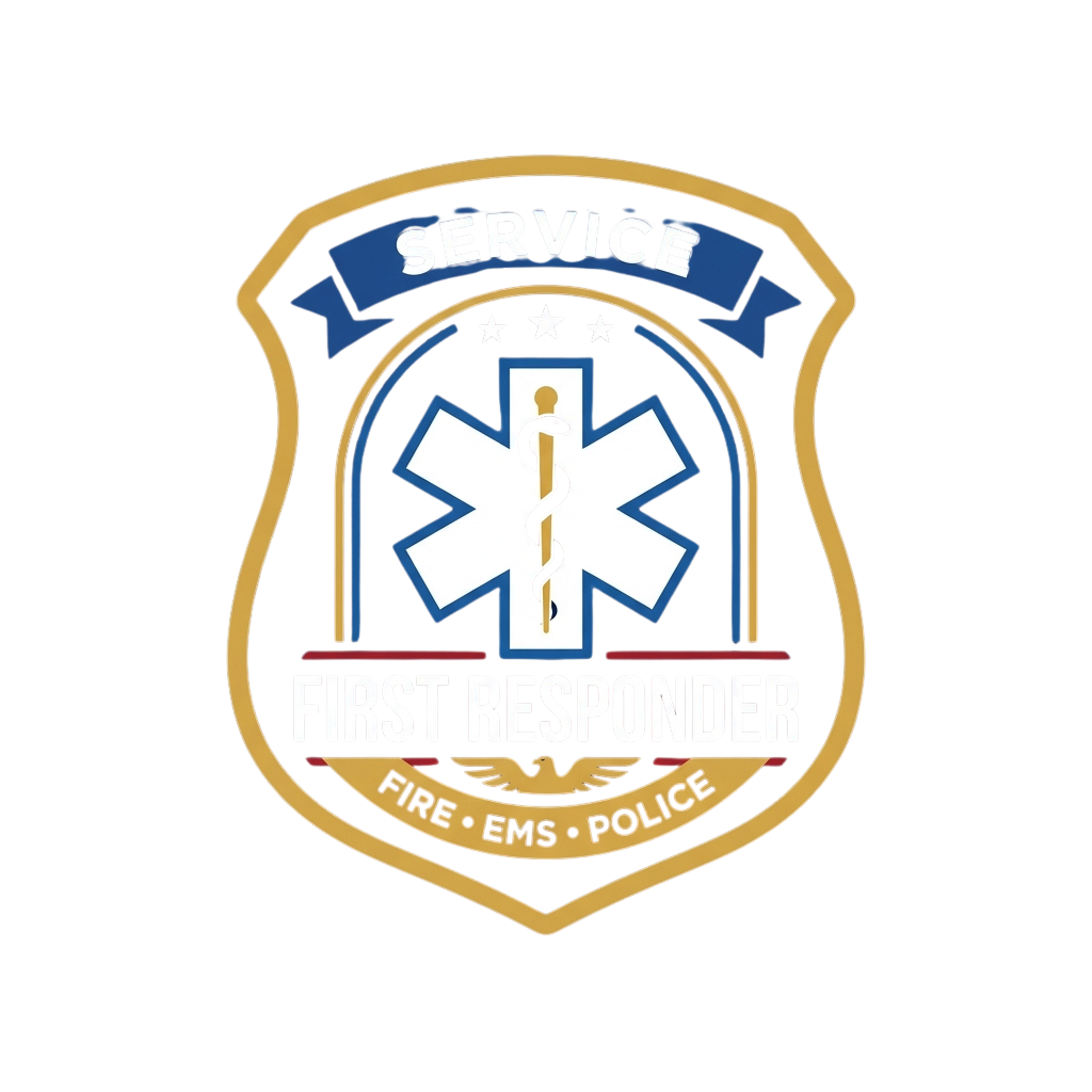 First responder badge featuring a star of life emblem with text reading Service, First Responder, Fire, EMS, Police