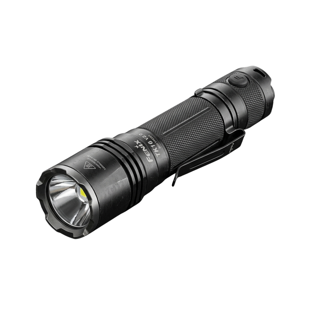A black tactical flashlight with a textured grip and adjustable head on a black background