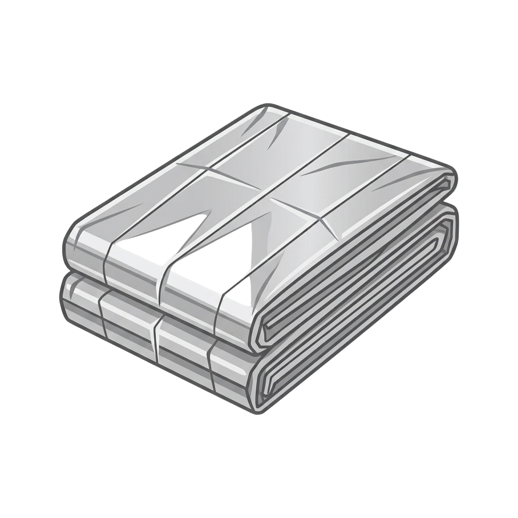 Isometric illustration of three gray plastic shopping bags stacked together with a triangular handle cutout