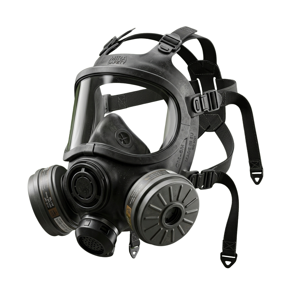 A black full-face gas mask with two large filters and adjustable straps against a dark background