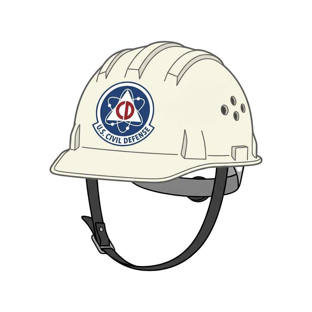 White hard hat with US Civil Defense emblem and radiation symbol