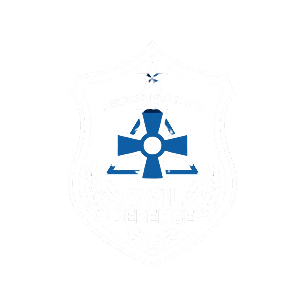 Civil defense shield logo with blue cross symbol, star, and oak leaves, labeled Service and Protection