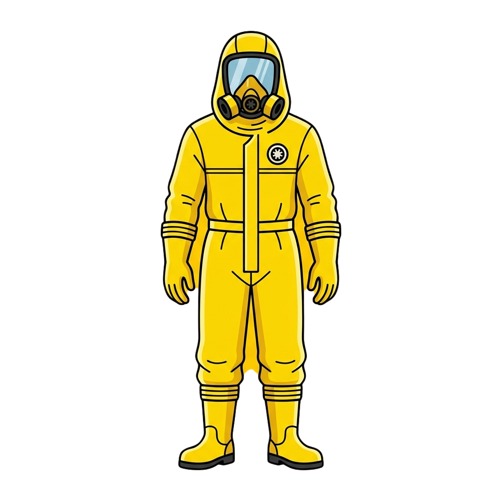 Illustration of a person wearing a bright yellow protective hazard suit with a gas mask and clear face shield