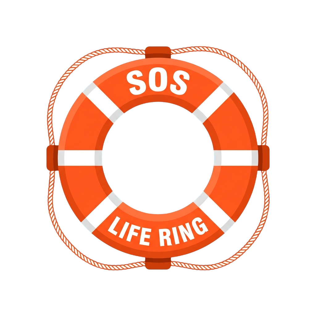 Orange life ring with white text reading SOS and LIFE RING, attached with rope