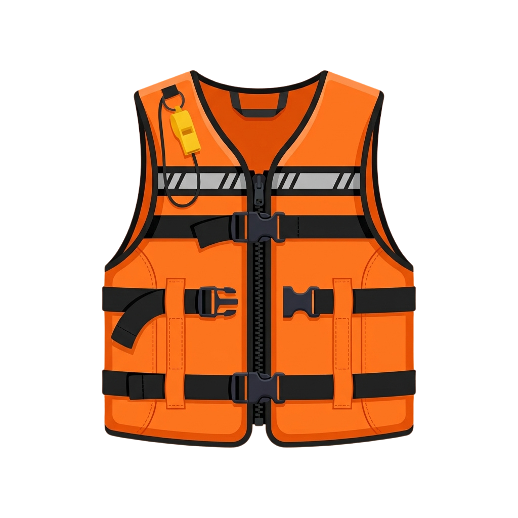 Orange safety vest with reflective stripes, zippers, buckles, and whistle attachment