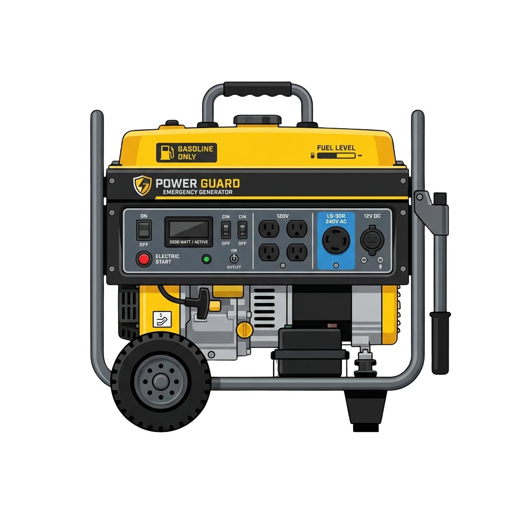 A portable gasoline-powered emergency generator with control panel, outlets, and electric start button