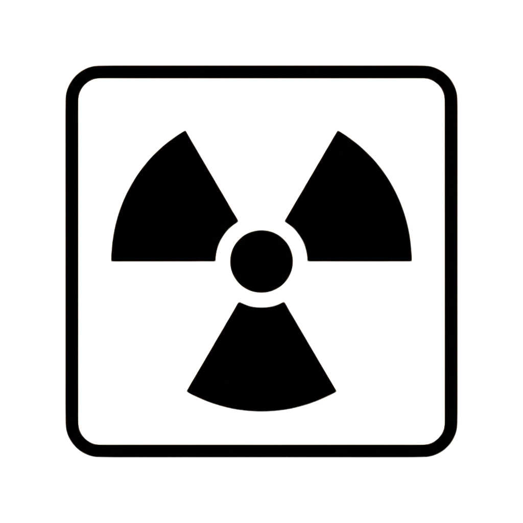 A radioactive warning symbol featuring three curved blades and a central circle on a black background