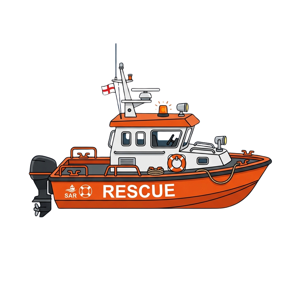 Illustration of a white and orange rescue boat labeled RESCUE with SAR logo and safety equipment