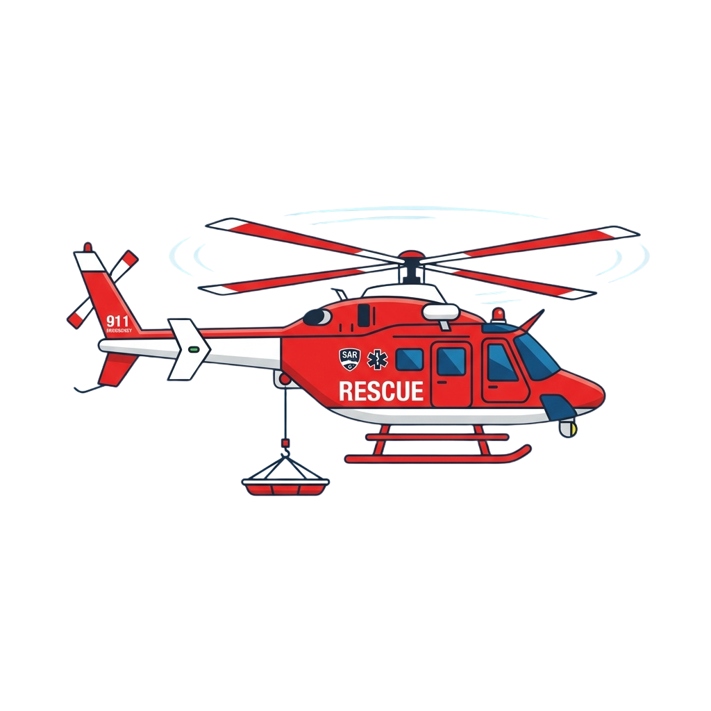 Red rescue helicopter with rotating blades, rescue symbol, and 911 marking on tail