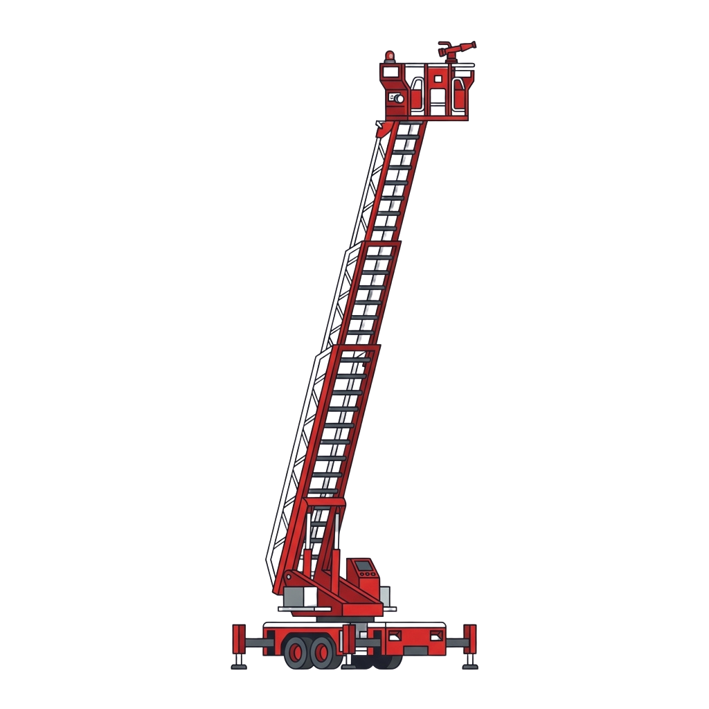 Illustration of a red fire truck with an extended aerial ladder reaching upwards