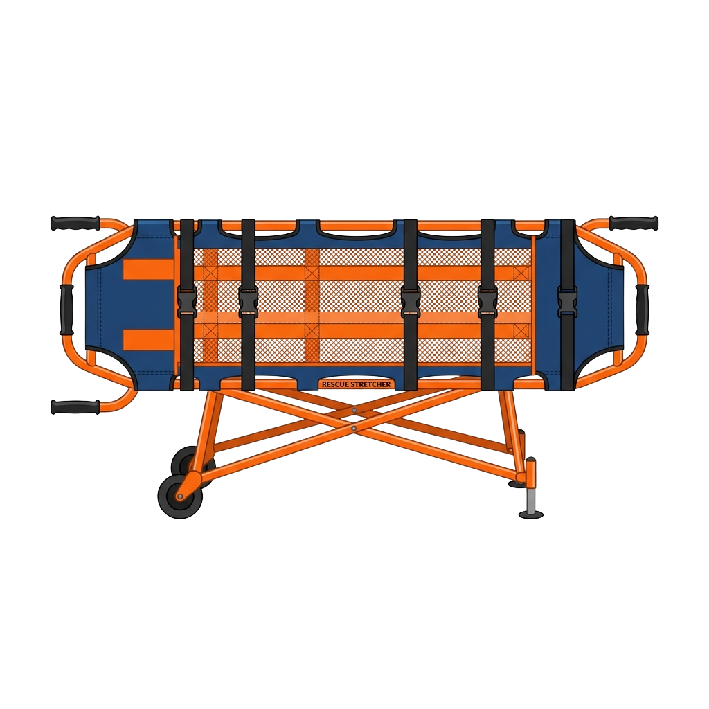 Orange rescue stretcher with blue fabric and mesh sections, four wheels, and adjustable straps