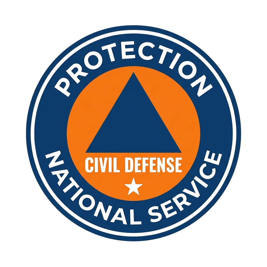 Logo showing Civil Defense National Service with a triangle and star on blue and orange background