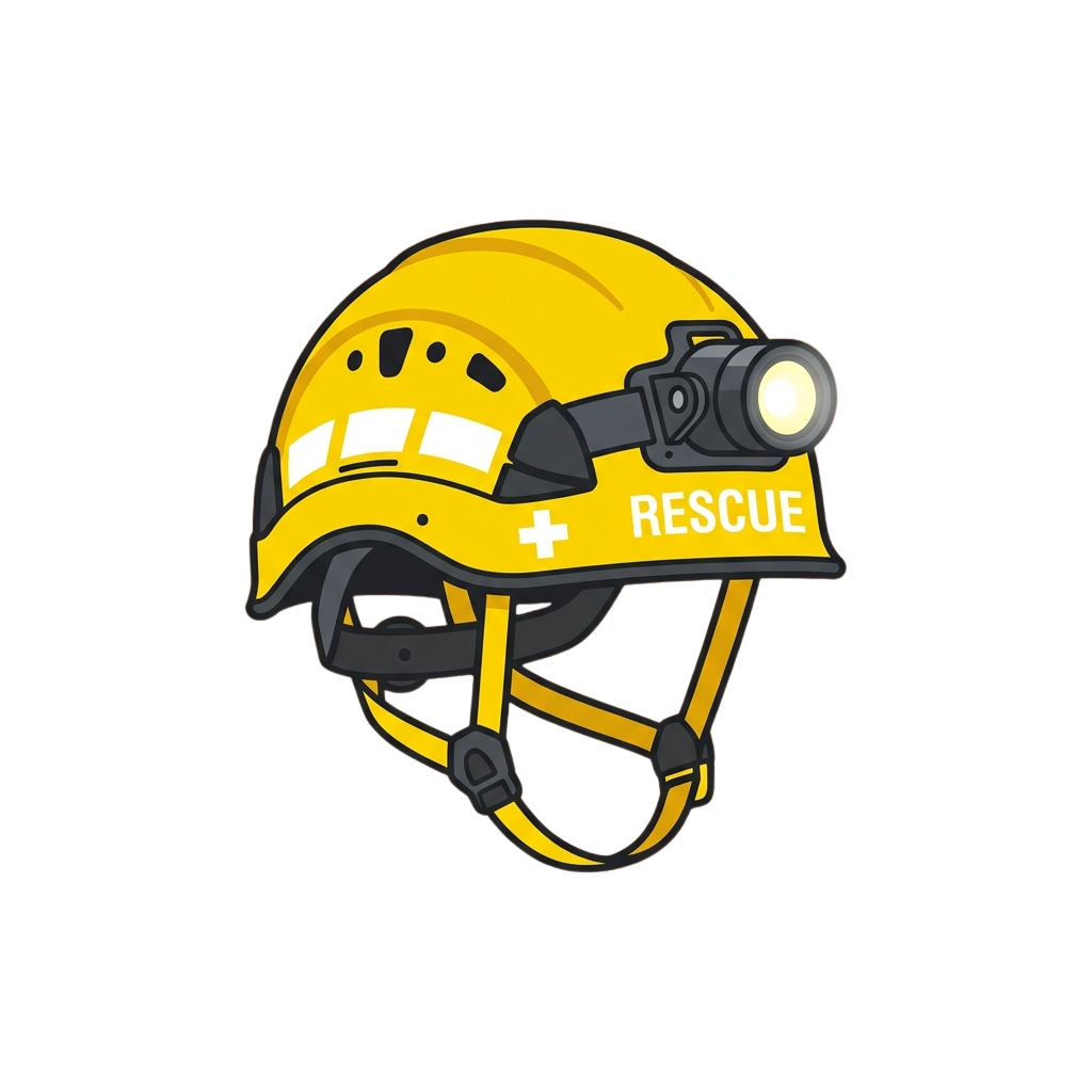 Illustration of a bright yellow rescue helmet with a flashlight attachment and the word rescue written on the side