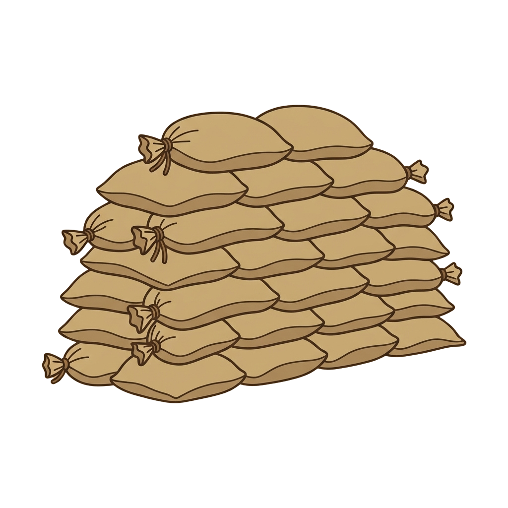 Illustration of a pyramid-shaped stack of burlap sacks filled with grain or similar material.