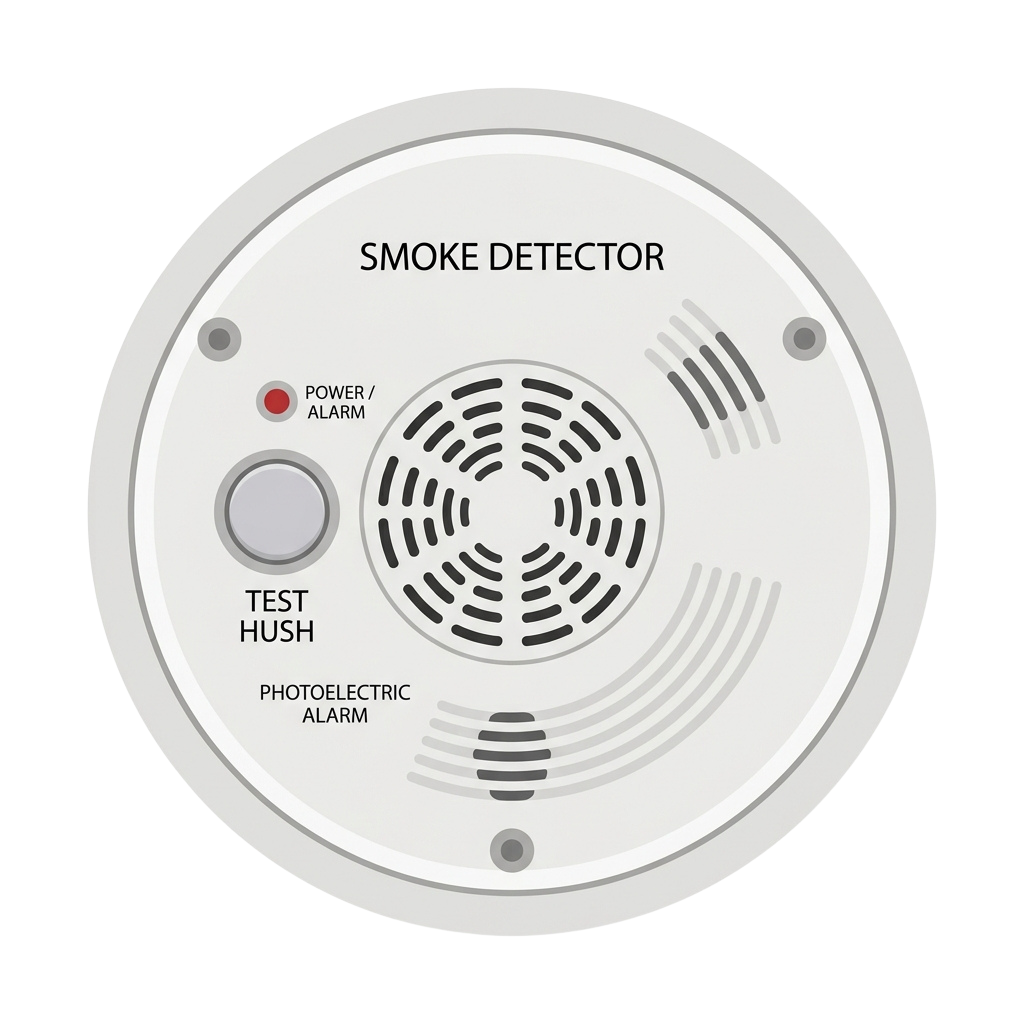 Illustration of a smoke detector showing power alarm light, test button, and photoelectric alarm sensor