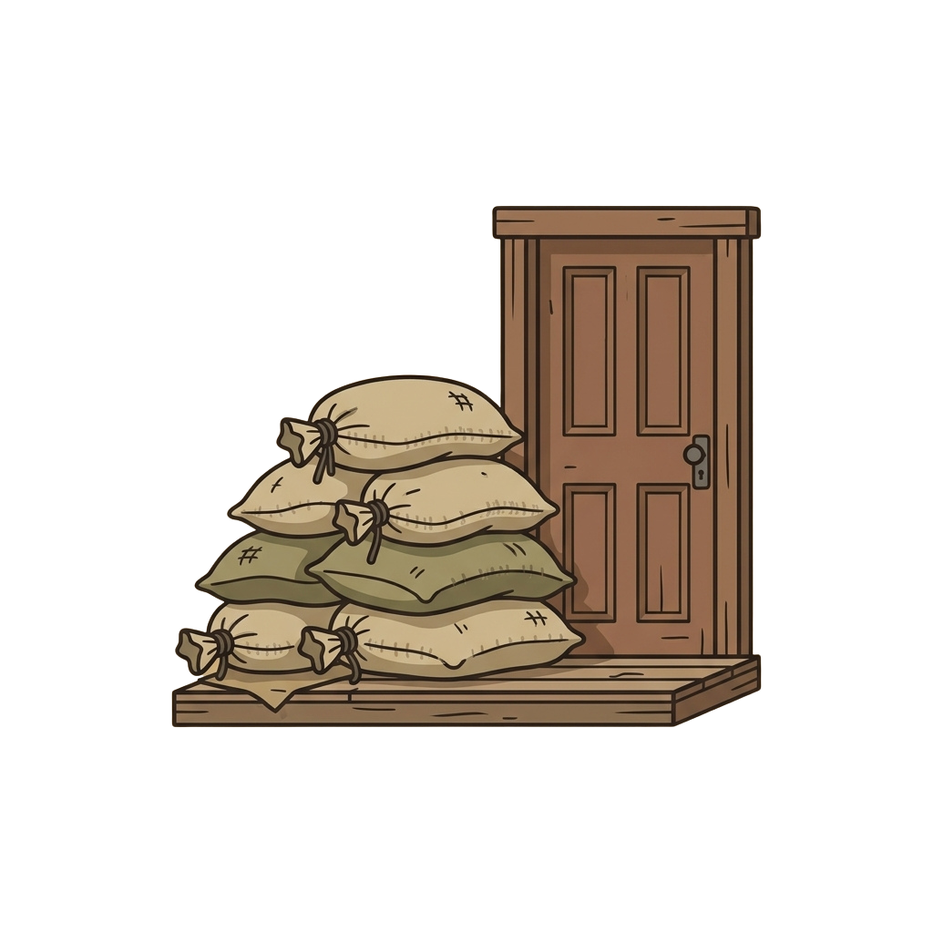 Stack of sandbags placed on a wooden shelf in front of a wooden door