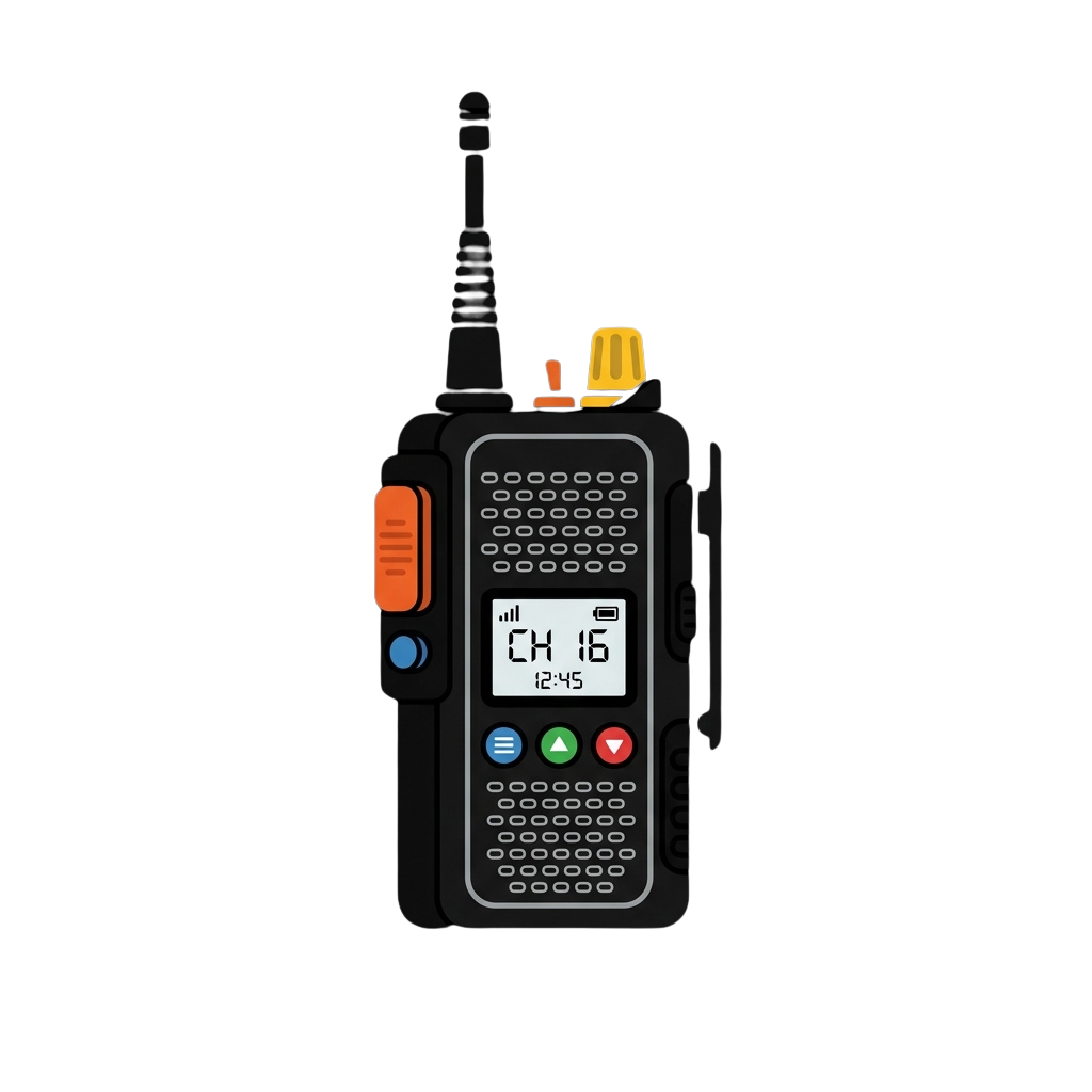 Illustration of a handheld two-way radio on a black background